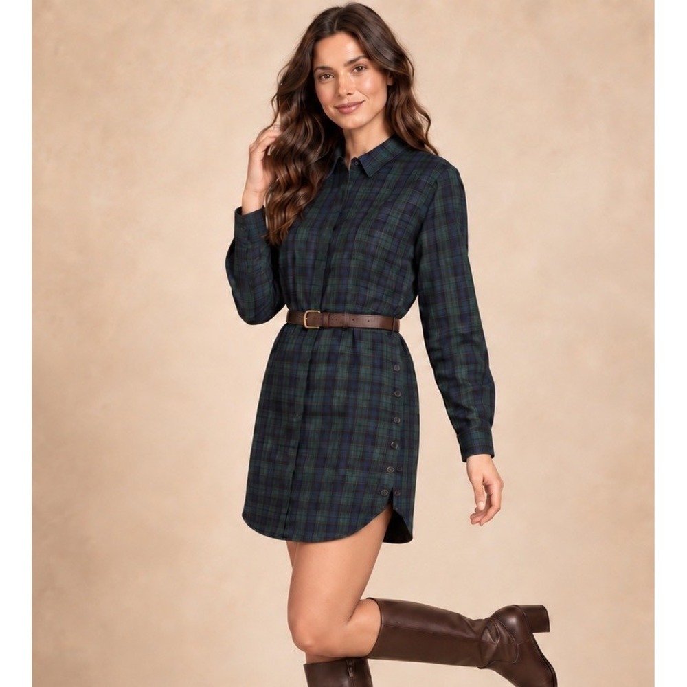 Madewell Women's Green Plaid Flannel Popover Shirt Dress Size Medium Wool Blend